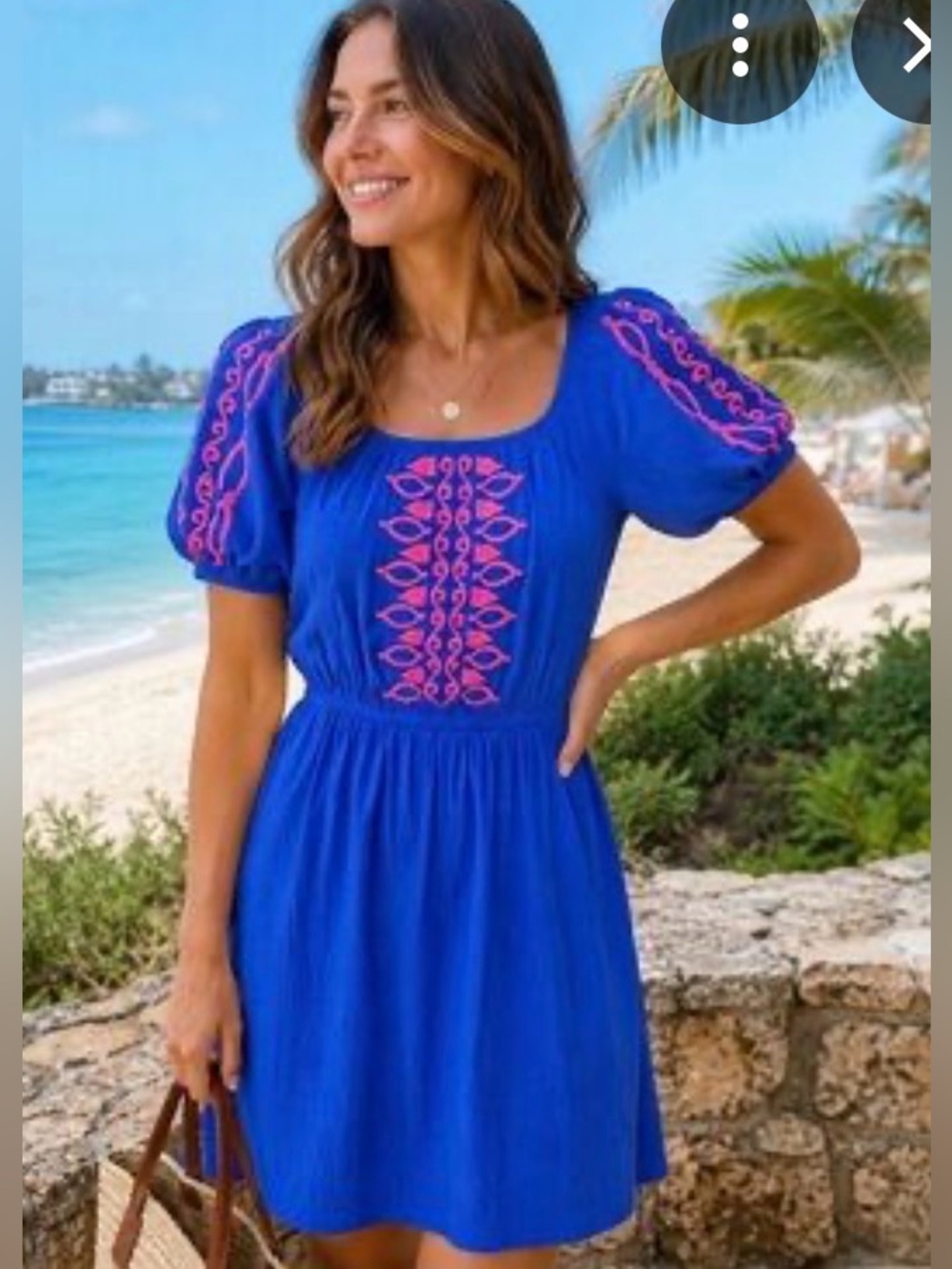 Talbots Blue pink Embroidered Short-Sleeve Summer Dress size M